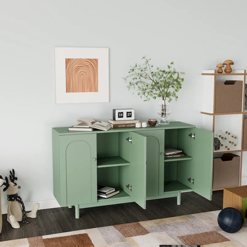 Stylish and Functional 4-Door Storage Cabinet with Pine Legs, Solid Wood Pulls and MDF, for Living Room Bedroom,and Kitchen