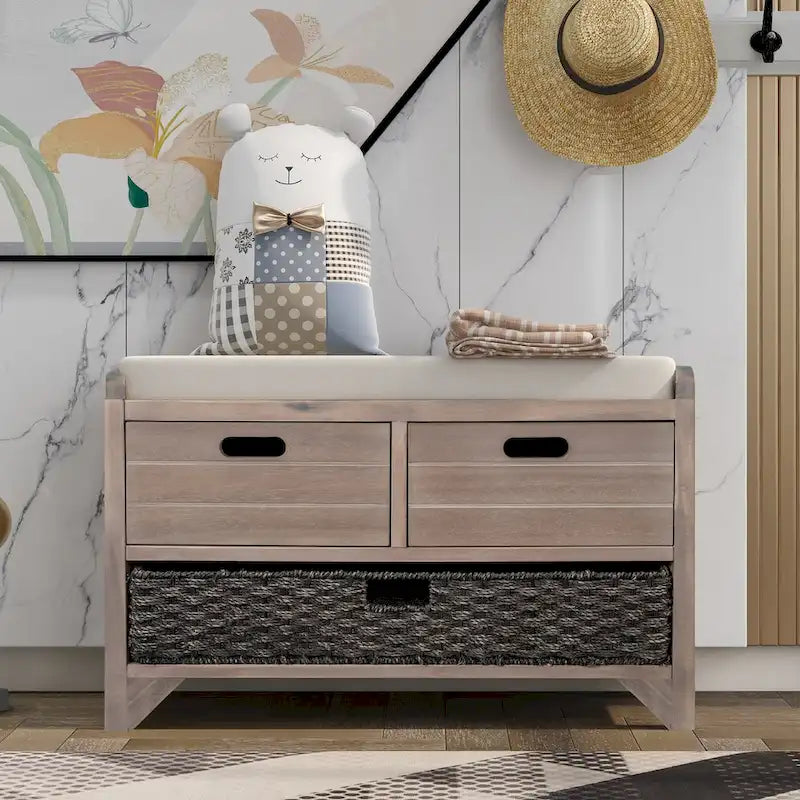 Storage Bench with Removable Basket and 2 Drawers, Fully Assembled Shoe Bench with Removable Cushion