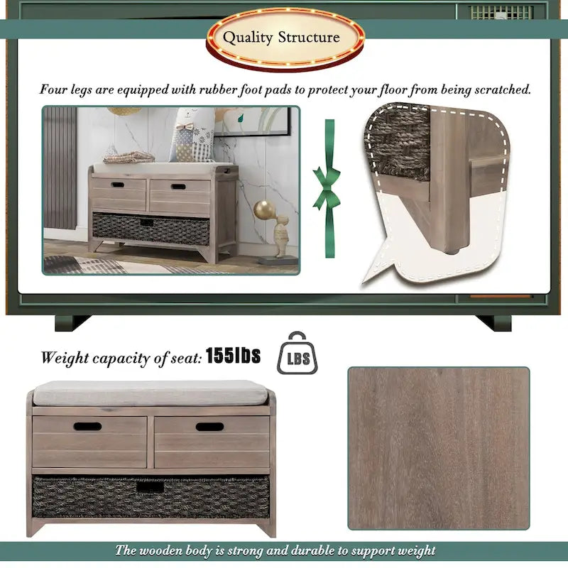 Storage Bench with Removable Basket and 2 Drawers, Fully Assembled Shoe Bench with Removable Cushion