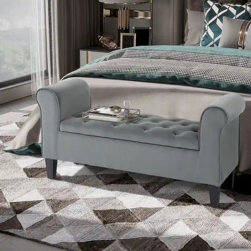 Button-Tufted Storage Ottoman Bench with Rolled Armrests