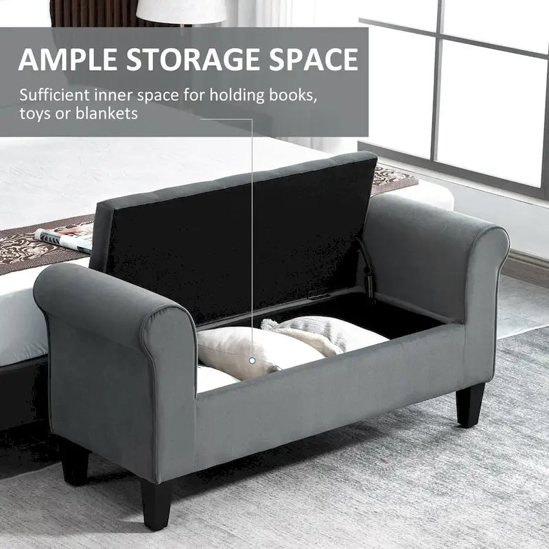 Button-Tufted Storage Ottoman Bench with Rolled Armrests