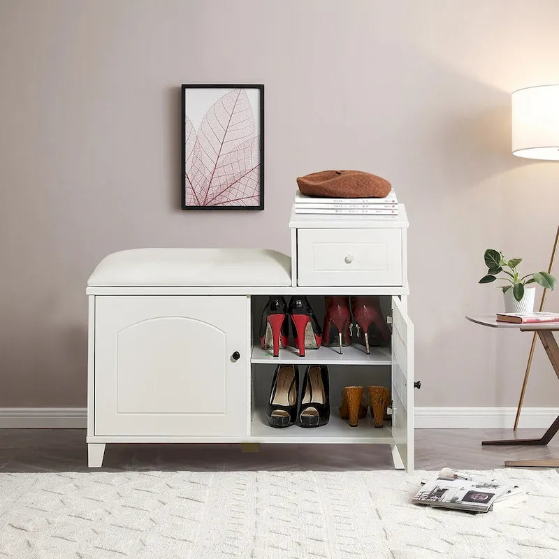 Modern Wooden Storage Bench with Fireproof Sponge-Filled PU Seat Cushion