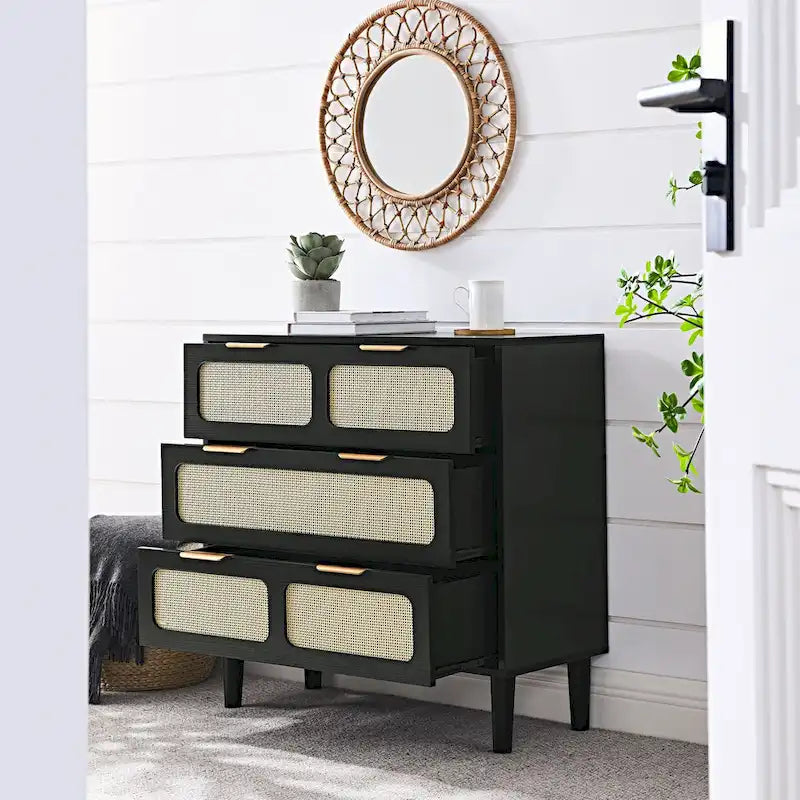 3 drawer dresser, modern rattan dresser cabinet with wide drawers and metal handles, farmhouse wooden storage chest of drawer