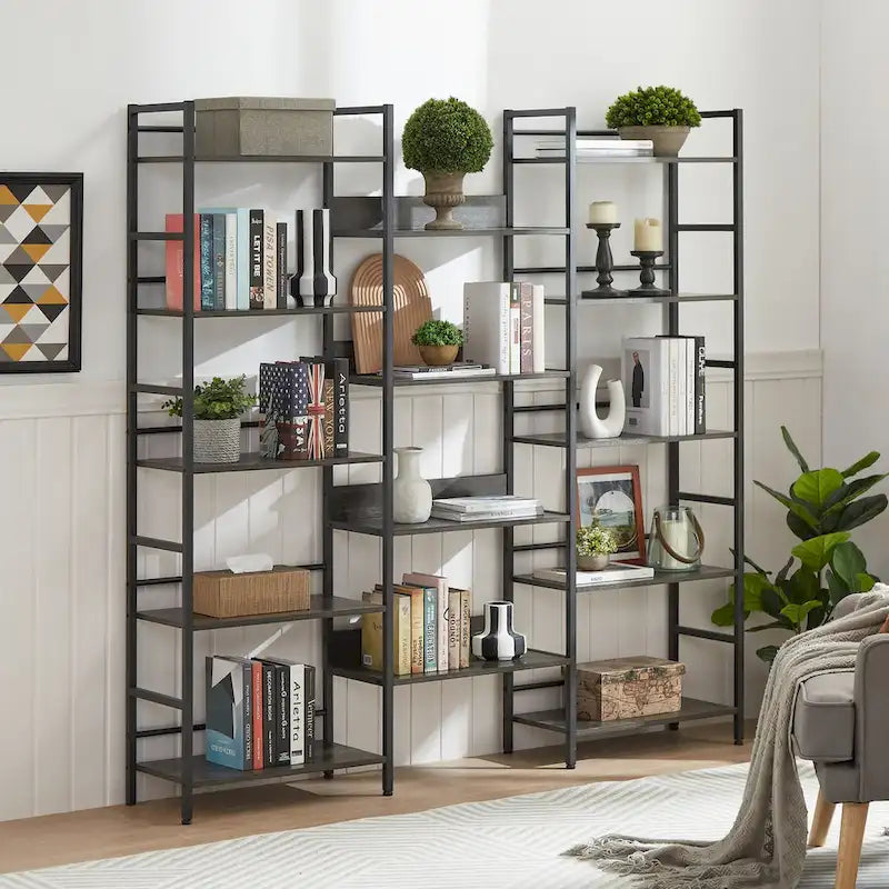 Triple Wide 5-shelf Bookshelves Industrial Retro Wooden Style Home and Office Large Open Bookshelves