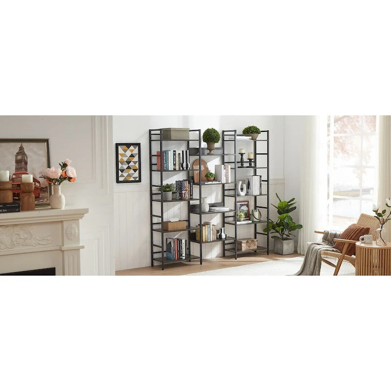 Triple Wide 5-shelf Bookshelves Industrial Retro Wooden Style Home and Office Large Open Bookshelves