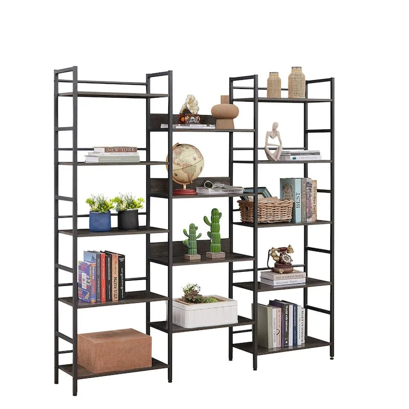 Triple Wide 5-shelf Bookshelves Industrial Retro Wooden Style Home and Office Large Open Bookshelves