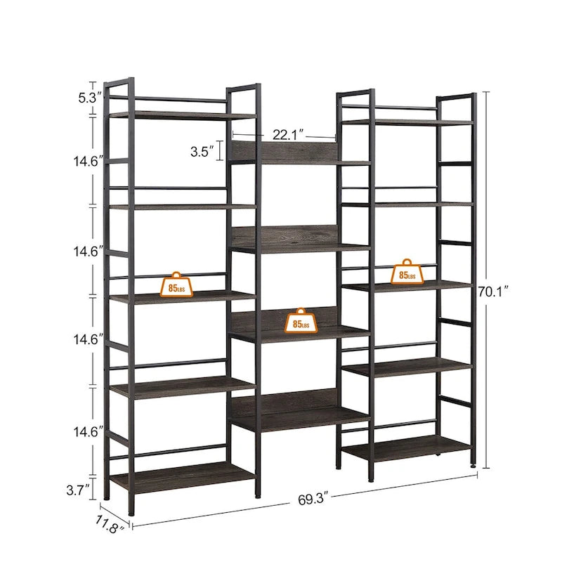 Triple Wide 5-shelf Bookshelves Industrial Retro Wooden Style Home and Office Large Open Bookshelves