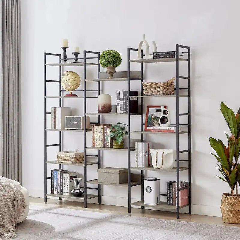 Triple Wide 5-shelf Bookshelves Industrial Retro Wooden Style Home and Office Large Open Bookshelves