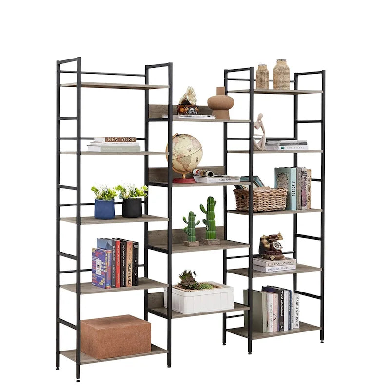 Triple Wide 5-shelf Bookshelves Industrial Retro Wooden Style Home and Office Large Open Bookshelves