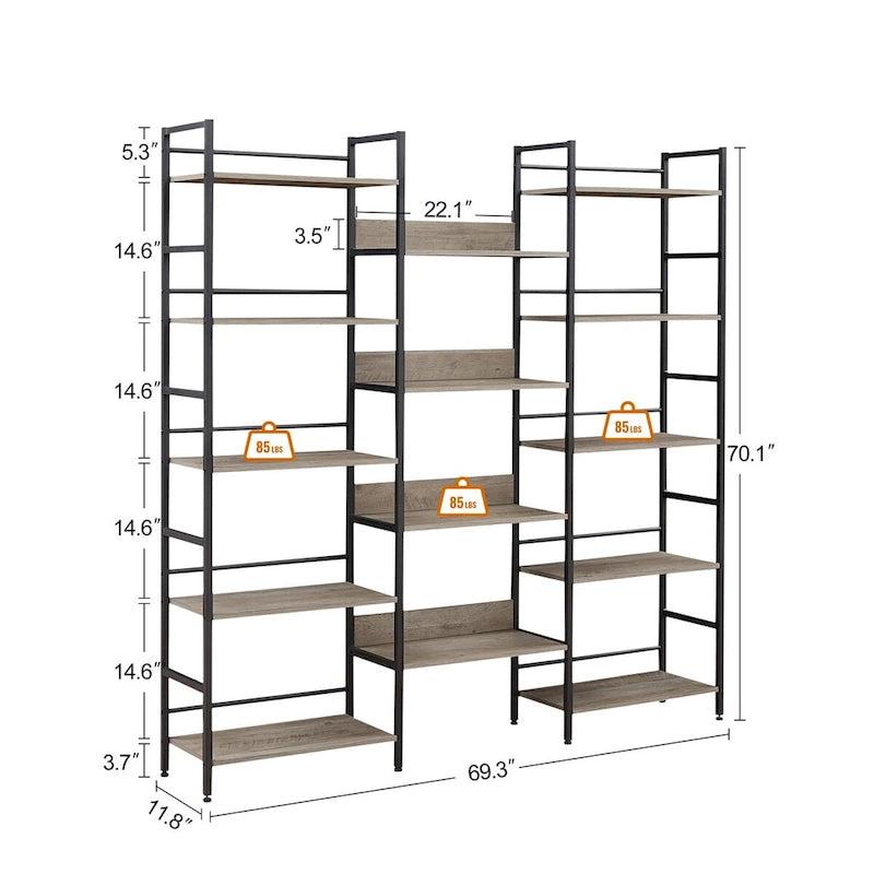 Triple Wide 5-shelf Bookshelves Industrial Retro Wooden Style Home and Office Large Open Bookshelves