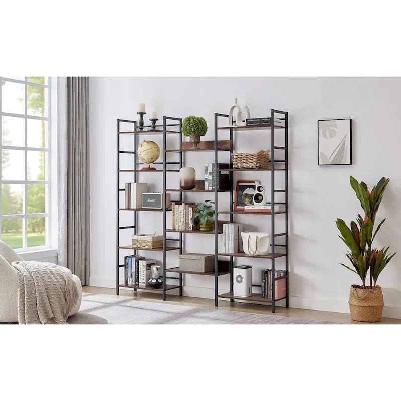 Triple Wide 5-shelf Bookshelves Industrial Retro Wooden Style Home and Office Large Open Bookshelves