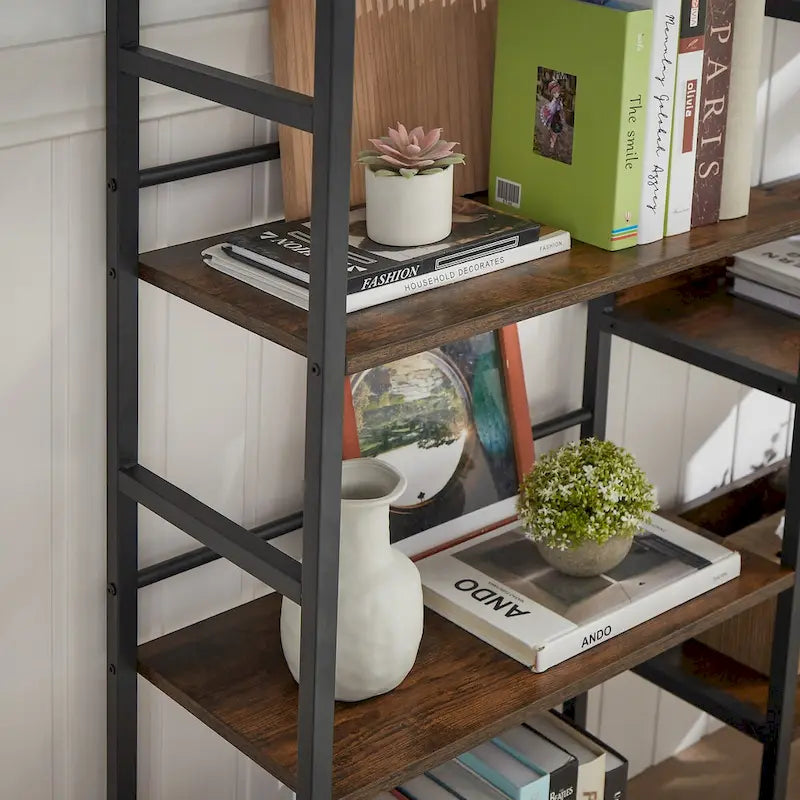 Triple Wide 5-shelf Bookshelves Industrial Retro Wooden Style Home and Office Large Open Bookshelves
