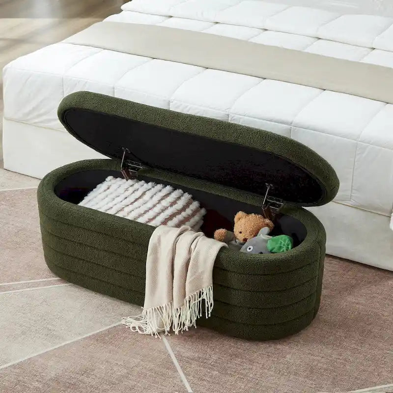 Modern Oval Storage Ottoman Bench,Boucle Teddy Fabric End of Bed Bench with Storage,End of Bed Stool with Safety Hinge