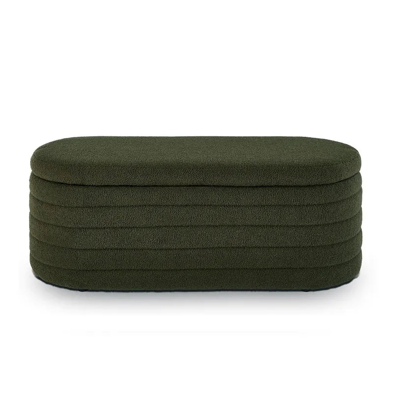 Modern Oval Storage Ottoman Bench,Boucle Teddy Fabric End of Bed Bench with Storage,End of Bed Stool with Safety Hinge