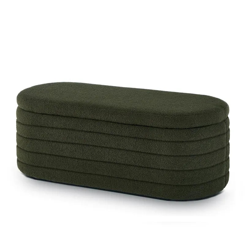 Modern Oval Storage Ottoman Bench,Boucle Teddy Fabric End of Bed Bench with Storage,End of Bed Stool with Safety Hinge