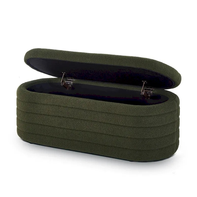 Modern Oval Storage Ottoman Bench,Boucle Teddy Fabric End of Bed Bench with Storage,End of Bed Stool with Safety Hinge