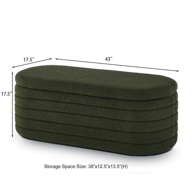 Modern Oval Storage Ottoman Bench,Boucle Teddy Fabric End of Bed Bench with Storage,End of Bed Stool with Safety Hinge