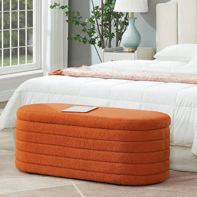 Modern Oval Storage Ottoman Bench,Boucle Teddy Fabric End of Bed Bench with Storage,End of Bed Stool with Safety Hinge