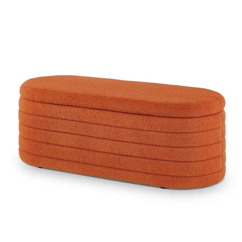 Modern Oval Storage Ottoman Bench,Boucle Teddy Fabric End of Bed Bench with Storage,End of Bed Stool with Safety Hinge