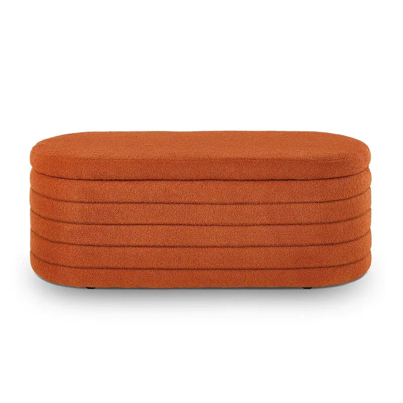 Modern Oval Storage Ottoman Bench,Boucle Teddy Fabric End of Bed Bench with Storage,End of Bed Stool with Safety Hinge