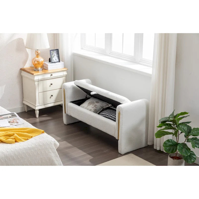 Teddy Fabric Storage Bench Bedroom Bench With Gold Metal Trim Strip For Living Room Bedroom Indoor