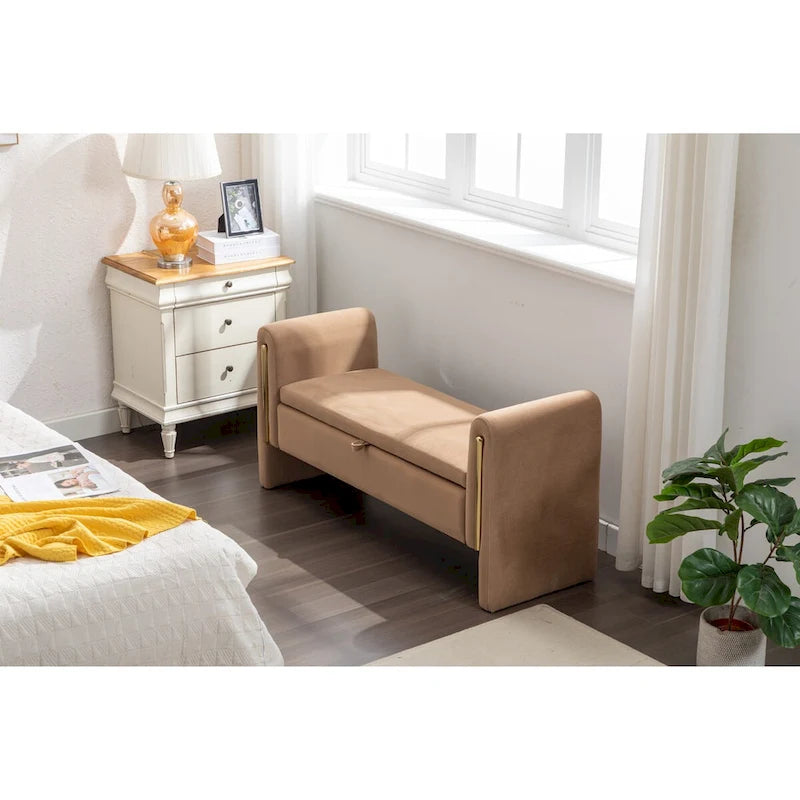 Teddy Fabric Storage Bench Bedroom Bench With Gold Metal Trim Strip For Living Room Bedroom Indoor