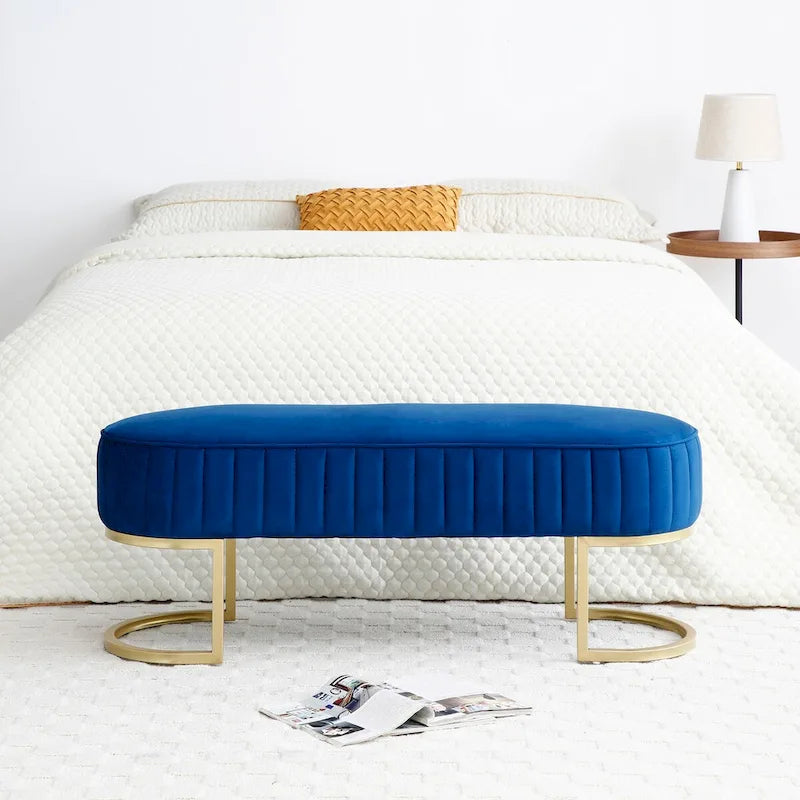 Bedroom Bench ,Velvet Oval Upholstered End of Bed Bench with Golden Metal Legs ,48 Storage Ottoman Bench