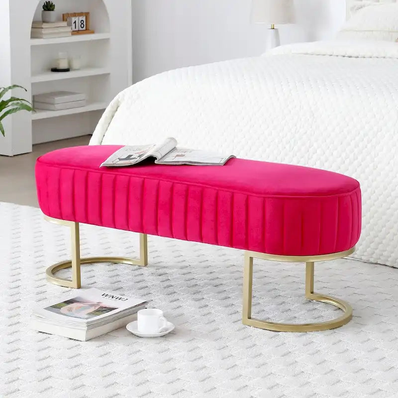 Bedroom Bench ,Velvet Oval Upholstered End of Bed Bench with Golden Metal Legs ,48 Storage Ottoman Bench