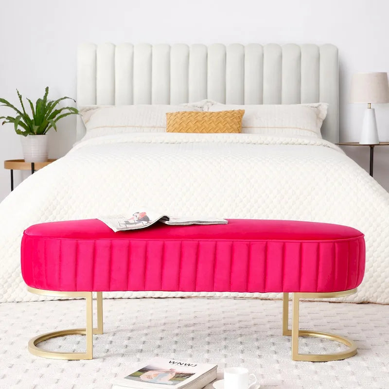 Bedroom Bench ,Velvet Oval Upholstered End of Bed Bench with Golden Metal Legs ,48 Storage Ottoman Bench