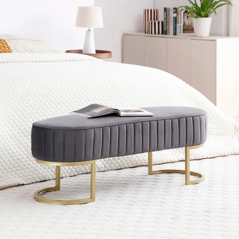 Bedroom Bench ,Velvet Oval Upholstered End of Bed Bench with Golden Metal Legs ,48 Storage Ottoman Bench