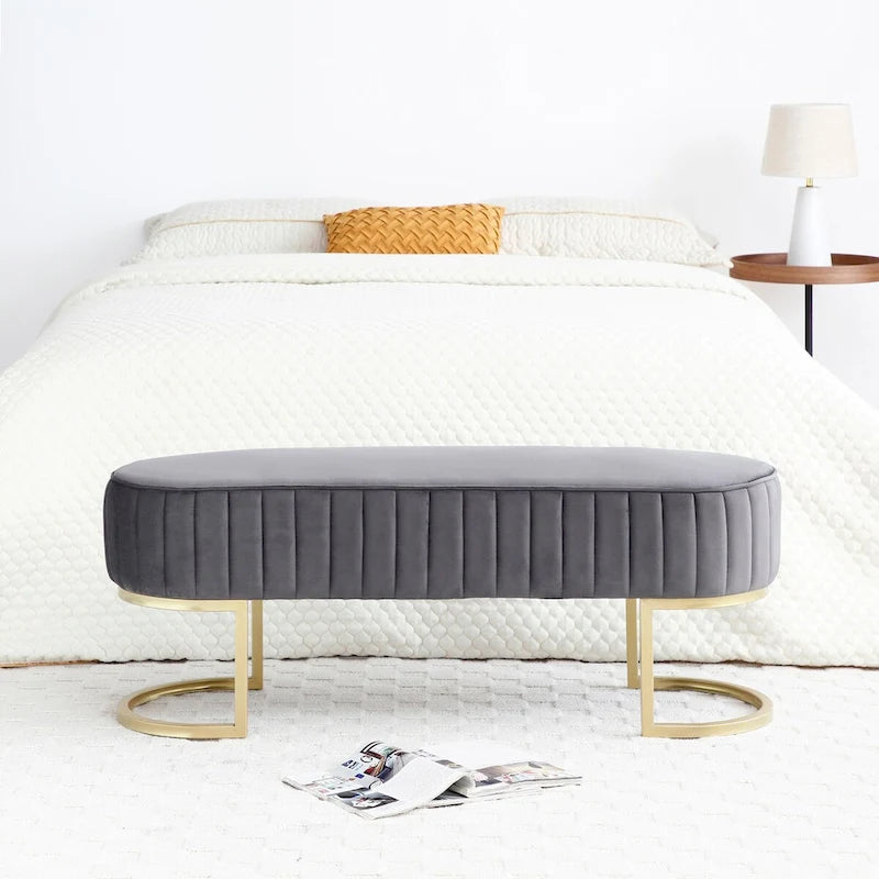 Bedroom Bench ,Velvet Oval Upholstered End of Bed Bench with Golden Metal Legs ,48 Storage Ottoman Bench