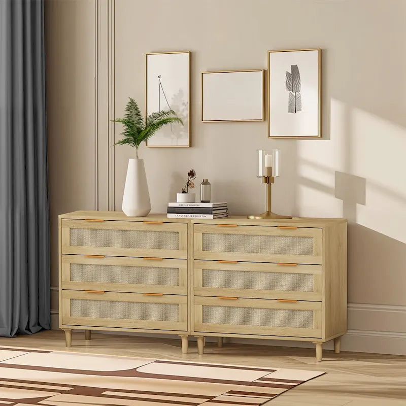 3-Drawers Rattan Storage Cabinet Rattan Drawer (Set of 2),for Bedroom,Living Room,Dining Room,Hallways,Oak