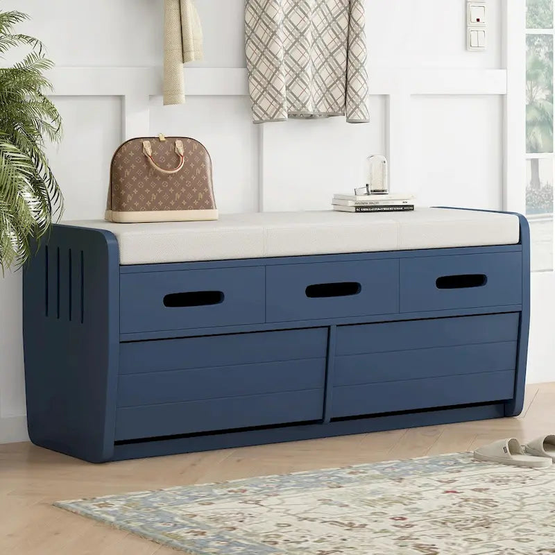 Rustic Storage Shoe Bench with 2 Drawers, Hidden Storage, and 3 False Top Drawers