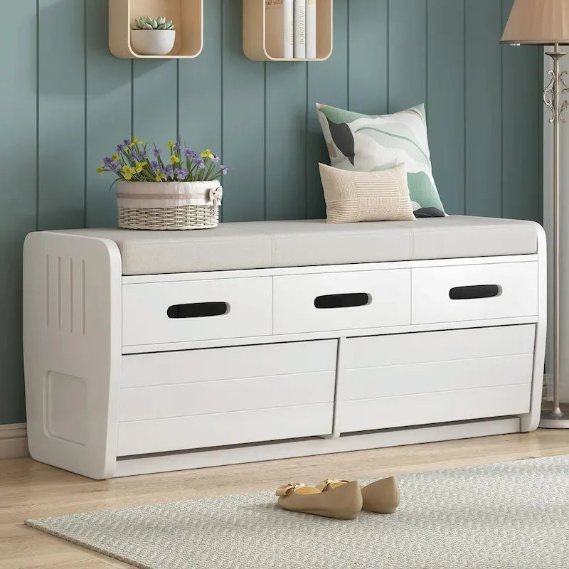 Rustic Storage Shoe Bench with 2 Drawers, Hidden Storage, and 3 False Top Drawers