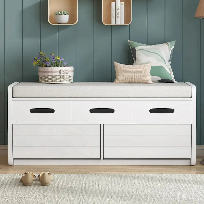 Rustic Storage Shoe Bench with 2 Drawers, Hidden Storage, and 3 False Top Drawers