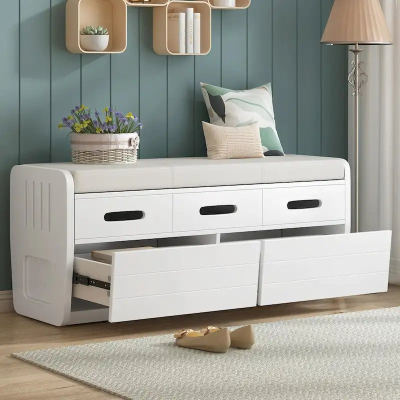 Rustic Storage Shoe Bench with 2 Drawers, Hidden Storage, and 3 False Top Drawers