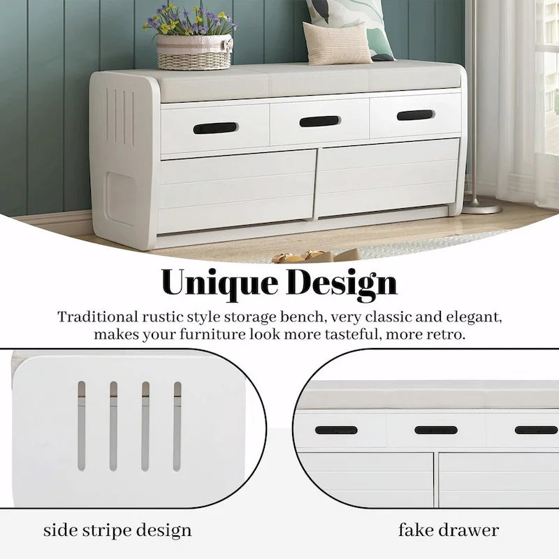 Rustic Storage Shoe Bench with 2 Drawers, Hidden Storage, and 3 False Top Drawers