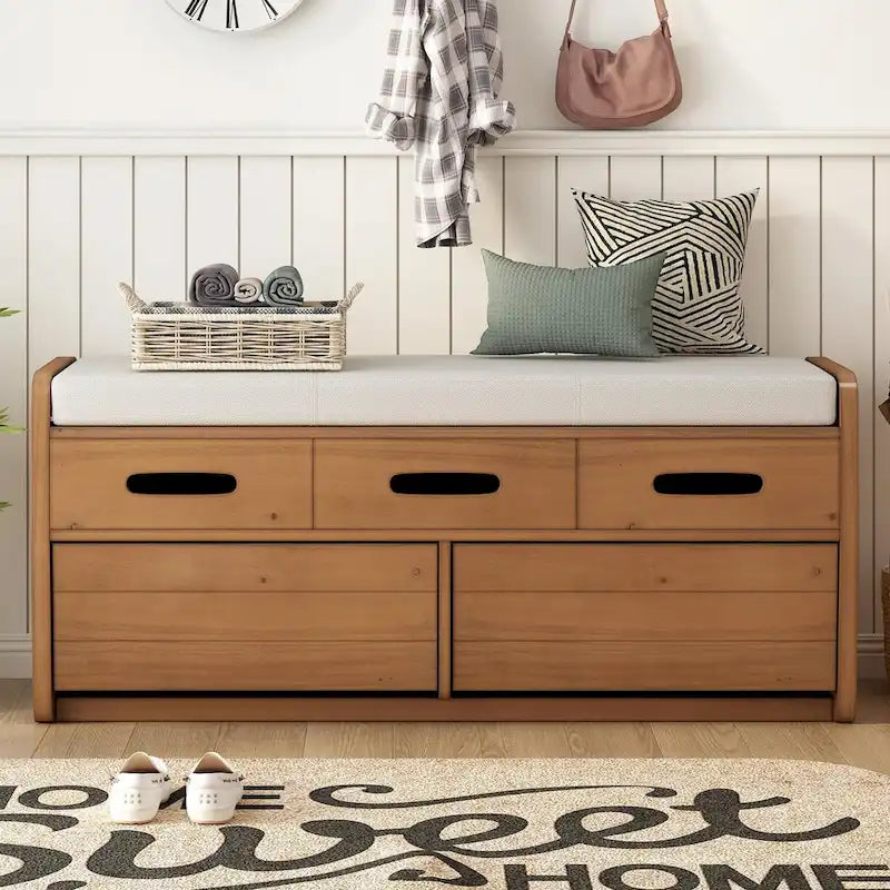 Rustic Storage Shoe Bench with 2 Drawers, Hidden Storage, and 3 False Top Drawers