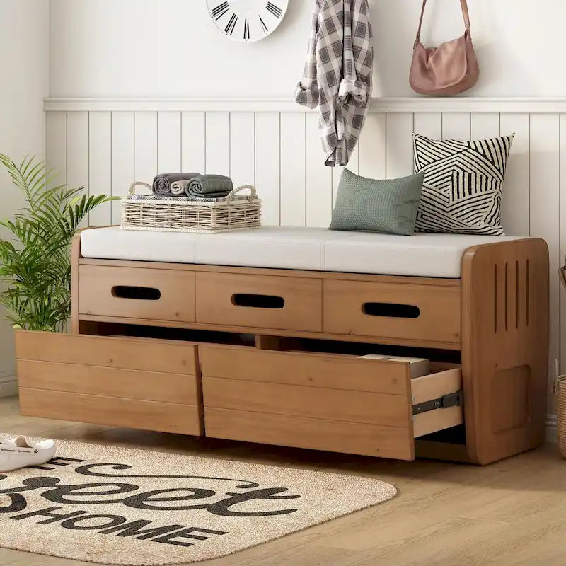 Rustic Storage Shoe Bench with 2 Drawers, Hidden Storage, and 3 False Top Drawers
