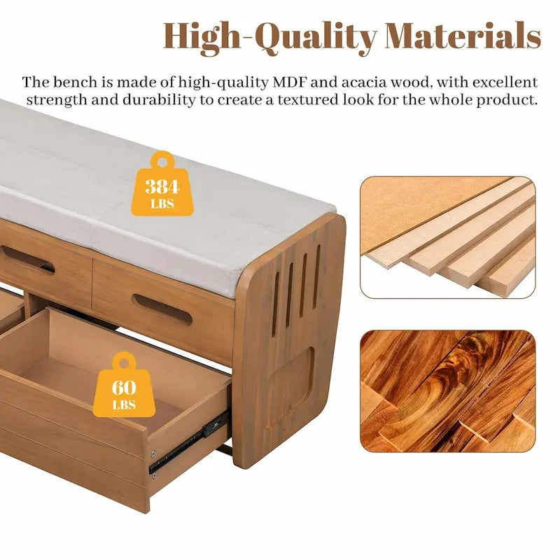 Rustic Storage Shoe Bench with 2 Drawers, Hidden Storage, and 3 False Top Drawers