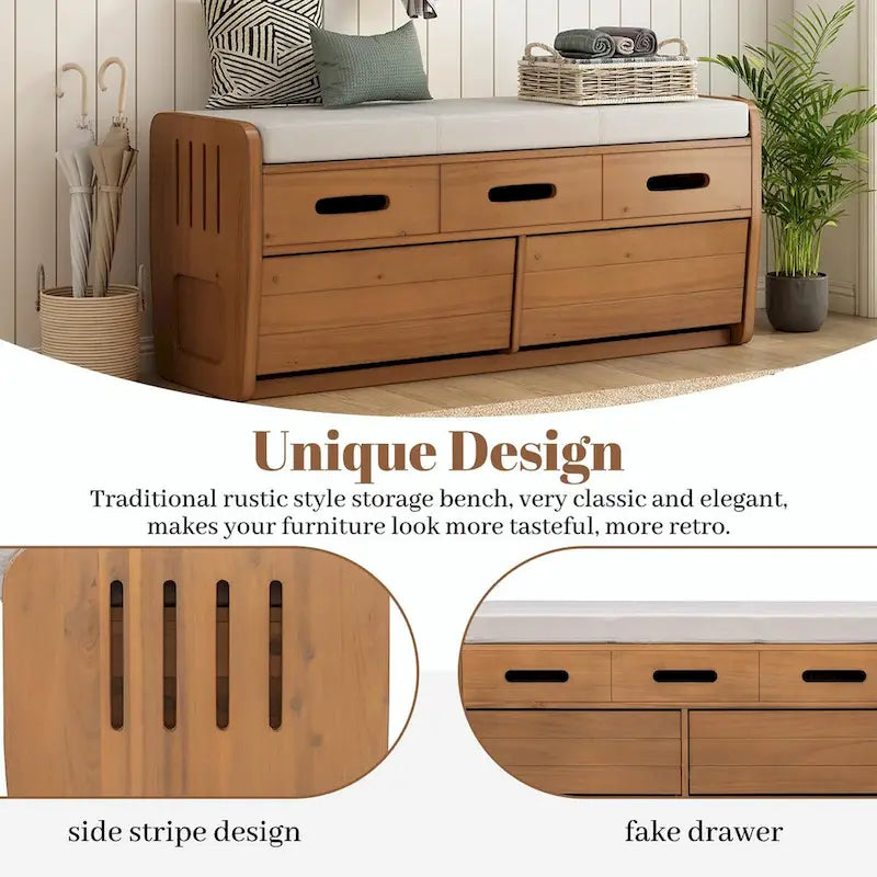 Rustic Storage Shoe Bench with 2 Drawers, Hidden Storage, and 3 False Top Drawers