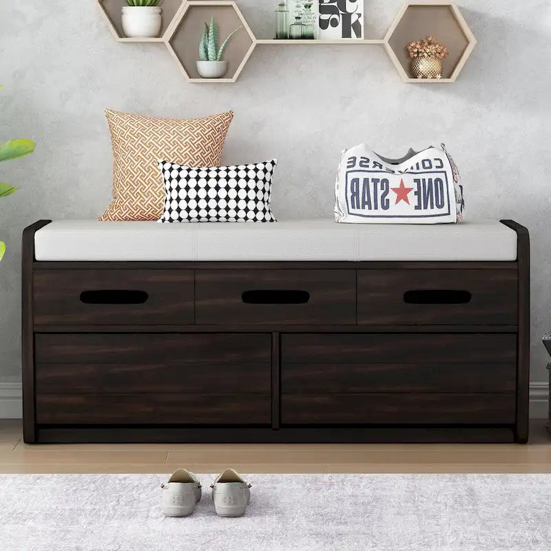 Rustic Storage Shoe Bench with 2 Drawers, Hidden Storage, and 3 False Top Drawers