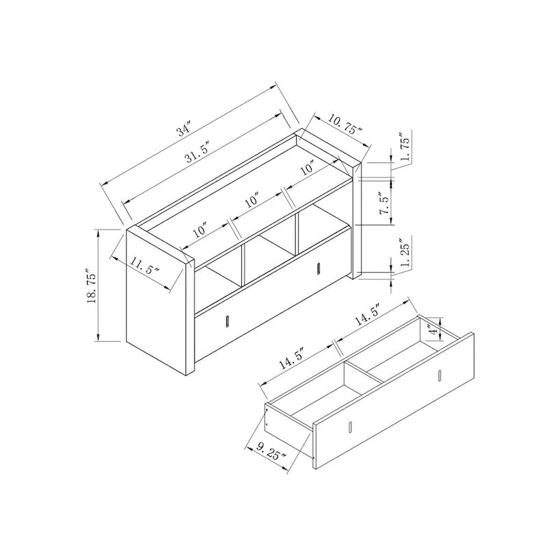 Shoe Entry Bench with Three Shelves, One Drawer with Divided Compartment