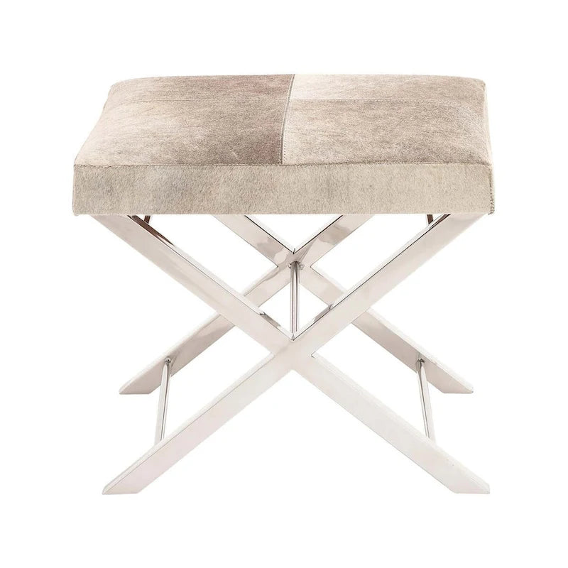 Leather Bench or Stool with Silver X-Shaped Stainless Metal Base - Beige or Gray - Roche River Decor