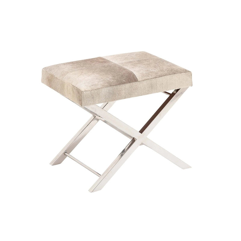 Leather Bench or Stool with Silver X-Shaped Stainless Metal Base - Beige or Gray - Roche River Decor