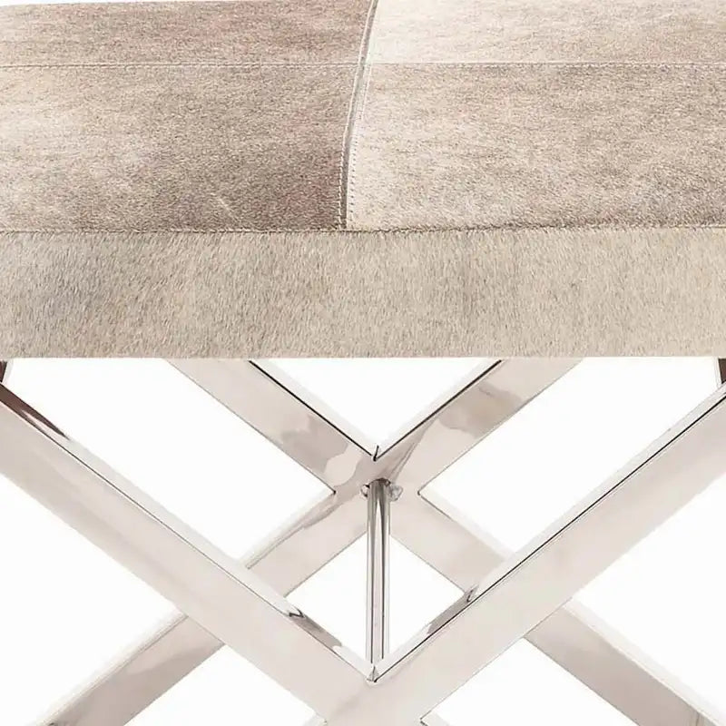Leather Bench or Stool with Silver X-Shaped Stainless Metal Base - Beige or Gray - Roche River Decor