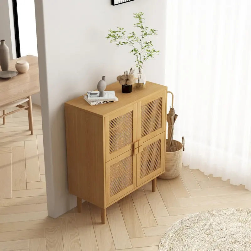 4 Doors Rattan Mesh Shoe Storage Cabinet for Entryway Living Room