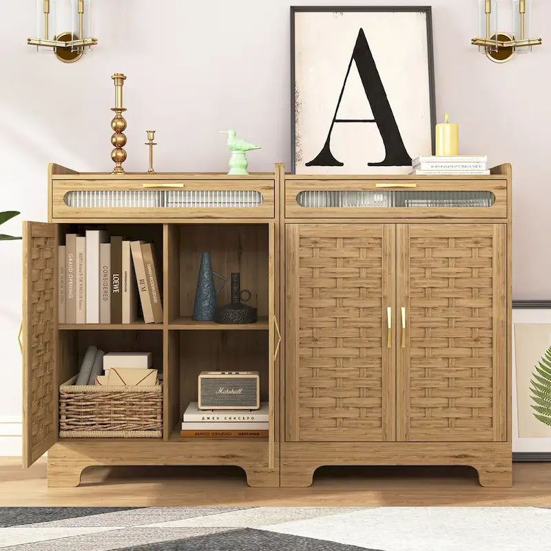 Coffee Bar Cabinet, Modern Farmhouse Buffet Sideboard with Drawer and Adjustable Shelf, Barn Door Storage Cabinet