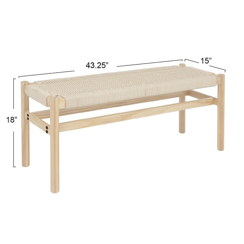 Fernway Solid Wood and Woven Rope Entryway Bench - 43.3L x 15.0W x 18.0H