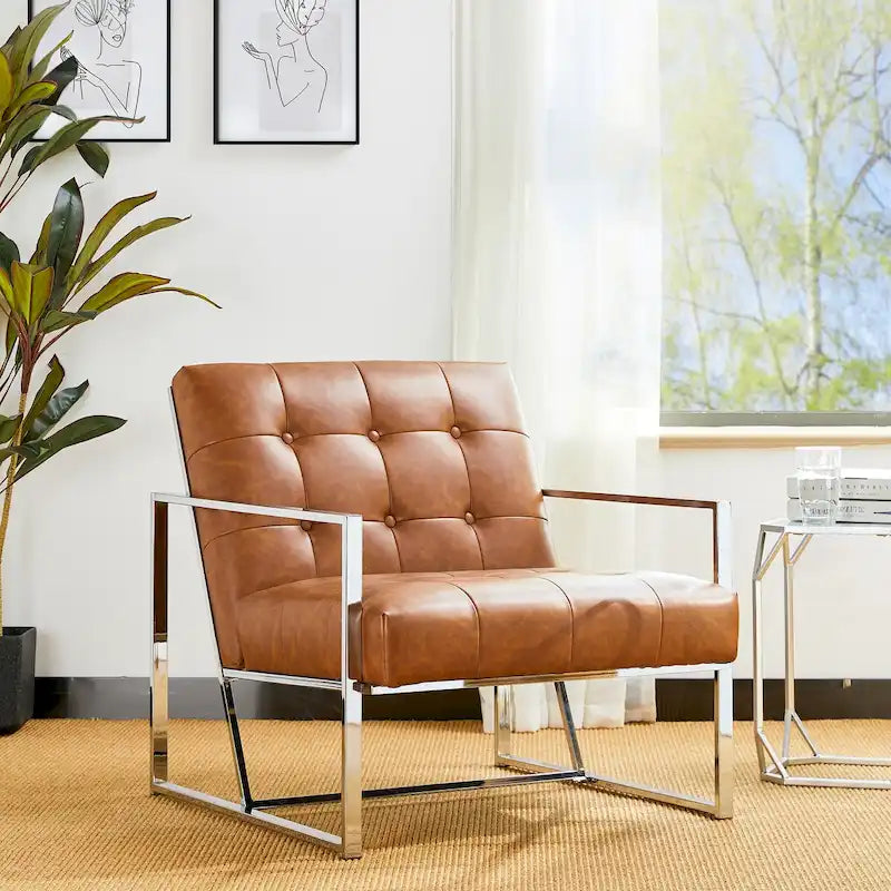 30.50H Cream Mid-Century PU Leather Tufted Accent Chair with Chrome Plated Frame